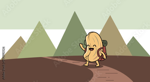 Joyful Peanut Character Hiking Through Mountains on a Beautiful Sunny Journey
