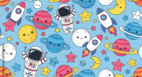 Flat vector seamless pattern of cute planets, stars, rockets, and moons with happy faces. Solid pastel tones, no gradients, kawaii cosmic style, perfect for prints and wallpapers