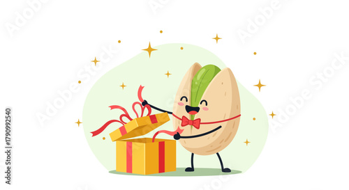 Joyful Pistachio Character Unveiling Gift Box Delightful Illustration for Happy Occasions