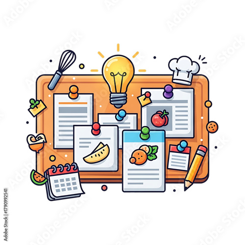 Creative planning board with lightbulb and food ideas.