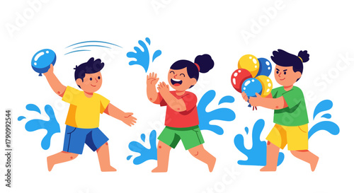 Joyful Kids Playing With Water Balloons and Balloons Against Black Background