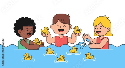 Joyful Kids Playing With Rubber Ducks In A Playful, Colorful, And Delightful Cartoon Scene