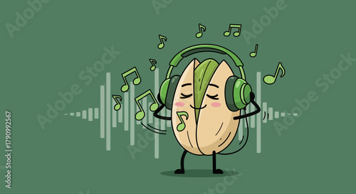 Joyful Pistachio Listening To Tunes With Musical Notes and Matching Headphones