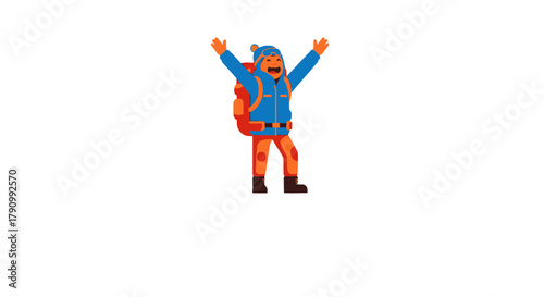 Joyful Hiker Celebrating Adventure, Reaching Summit After Trekking, Raising Arms In Delight