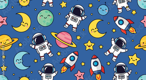 Flat vector seamless pattern of cute planets, stars, rockets, and moons with happy faces. Solid pastel tones, no gradients, kawaii cosmic style, perfect for prints and wallpapers