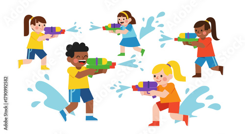 Joyful Kids Playing With Water Guns During A Summer Splash Fight