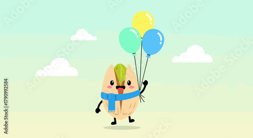 Joyful Pistachio Character With Balloons Enjoying Sunny Day Sky With Clouds Above