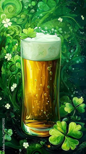 <Festive Green Beer Glass with Shamrock Foam - Perfect St. Patrick's Day Refreshment and Party Celebration>