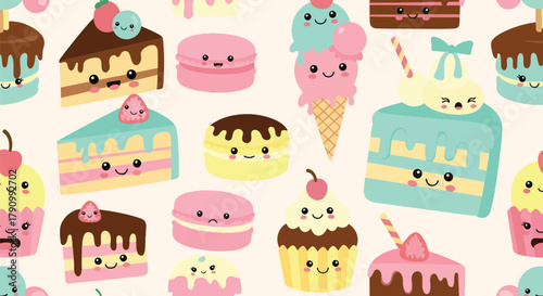 Flat vector seamless pattern of cute desserts including cupcakes, macarons, and cakes. Solid pastel palette, no gradients, kawaii bakery style, perfect for packaging and textiles