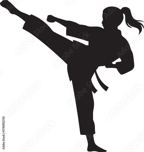 black silhouette of a female karateka in a kick pose. Vector Black silhouettes. with white background