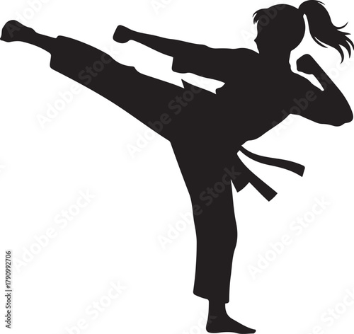 black silhouette of a female karateka in a kick pose. Vector Black silhouettes. with white background