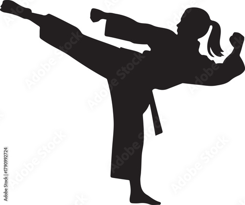 black silhouette of a female karateka in a kick pose. Vector Black silhouettes. with white background