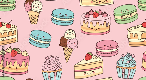 Flat vector seamless pattern of cute desserts including cupcakes, macarons, and cakes. Solid pastel palette, no gradients, kawaii bakery style, perfect for packaging and textiles