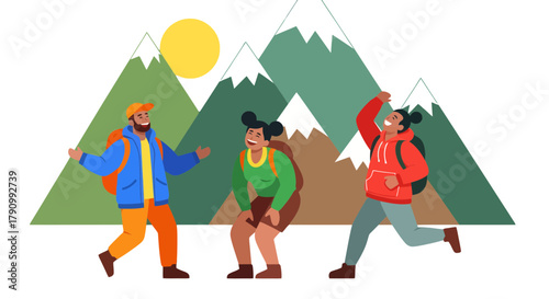 Joyful Hikers Celebrate Successful Ascent Under Mountainous Silhouette
