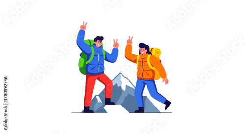 Joyful Hikers Celebrate Successful Ascent On Mountain Ridge, Reaching Peak Together