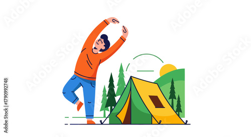 Joyful Person Camping in The Nature With a Tent Under a Beautiful Morning