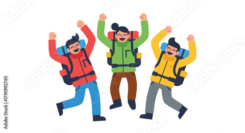 Joyful Hikers Celebrate Successful Ascent With Backpacks Against a Black Background