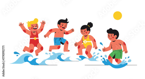 Joyful Kids Splashing In Water, Enjoying Summer Fun Under The Bright Sun at Night