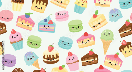 Flat vector seamless pattern of cute desserts including cupcakes, macarons, and cakes. Solid pastel palette, no gradients, kawaii bakery style, perfect for packaging and textiles
