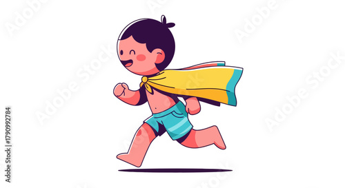 Joyful Little Champion Boy Running With A Yellow Cape Against A Dark Background