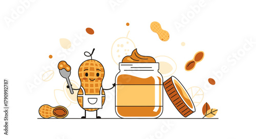 Joyful Peanut Character With A Jar of Creamy Butter Deliciousness For Snacking And Enjoying