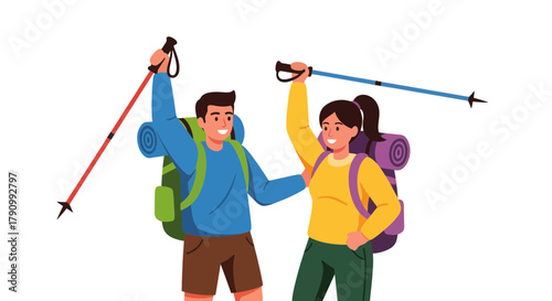 Joyful Hikers Celebrating Adventure in Nature Reaching the Summit Together Successfully