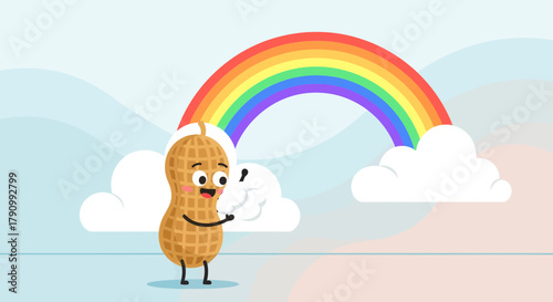 Joyful Peanut Character Witnessing a Vivid Rainbow Above Fluffy Clouds in a Cartoon Illustration