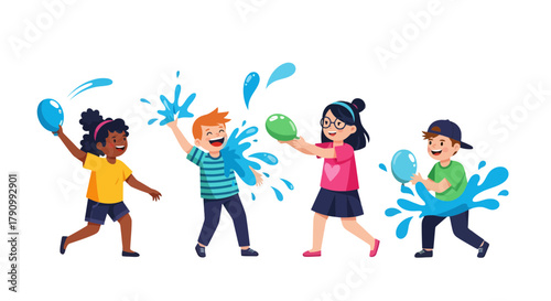 Joyful Illustration Capturing Children's Water Balloon Fight Activities and Summertime Fun
