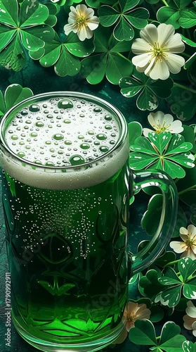 Emerald Green Beer with Shamrock Foam: A Festive St. Patrick's Day Beverage in a Nature-Inspired Setting