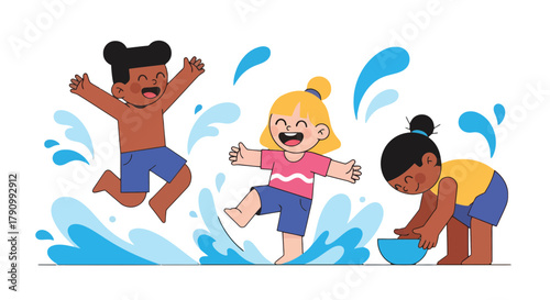 Joyful Kids Splashing in Water Summer Activities Cartoon Illustration Fun Playtime