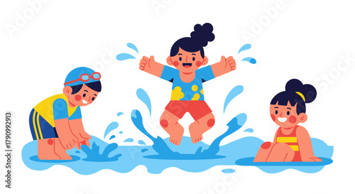 Joyful Kids Splashing in Water during Summer Vacation, Childhood Fun Activities