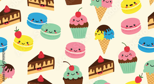 Flat vector seamless pattern of cute desserts including cupcakes, macarons, and cakes. Solid pastel palette, no gradients, kawaii bakery style, perfect for packaging and textiles