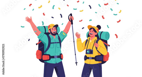 Joyful Hikers Celebrating a Successful Journey Amidst a Shower of Confetti