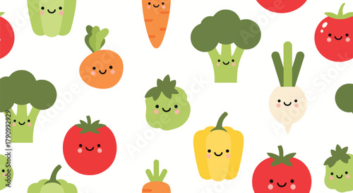 Flat vector seamless pattern of smiling vegetables like carrot, broccoli, and corn. Solid soft tones, no gradients, kawaii organic design, ideal for packaging and food branding