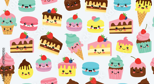 Flat vector seamless pattern of cute desserts including cupcakes, macarons, and cakes. Solid pastel palette, no gradients, kawaii bakery style, perfect for packaging and textiles