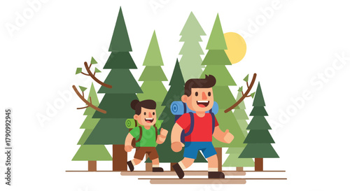 Joyful Hikers Exploring the Forest: A Vector Illustration of Outdoor Adventure