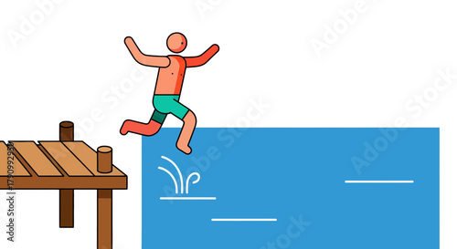 Joyful Illustration Of a Person Leaping Into Water From a Wooden Platform