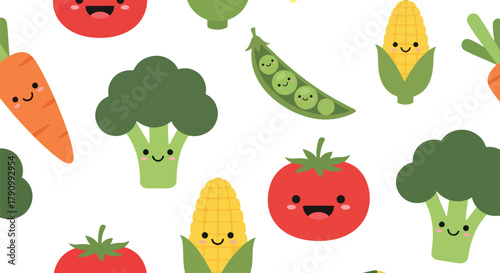 Flat vector seamless pattern of smiling vegetables like carrot, broccoli, and corn. Solid soft tones, no gradients, kawaii organic design, ideal for packaging and food branding