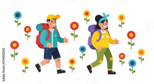 Joyful Hikers With Backpacks Exploring Nature Amidst Colorful Blooming Flowers