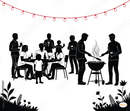 Silhouette of people enjoying a barbecue party with string lights and plants Keywords: barbecue, party, people, silhouette