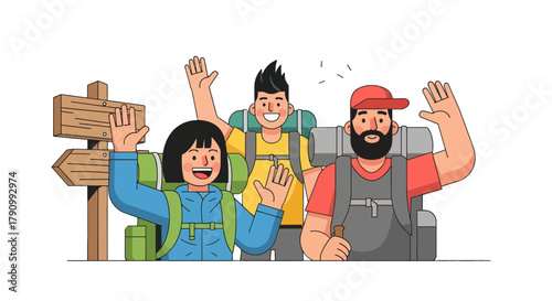 Joyful Hikers Waving Welcome: A Vibrant Scene of Adventure and Expedition