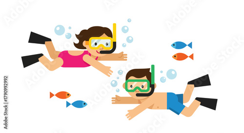 Joyful Illustration Of Children Snorkeling Underwater, Exploring Aquatic Life Together