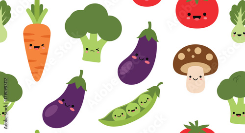 Flat vector seamless pattern of smiling vegetables like carrot, broccoli, and corn. Solid soft tones, no gradients, kawaii organic design, ideal for packaging and food branding
