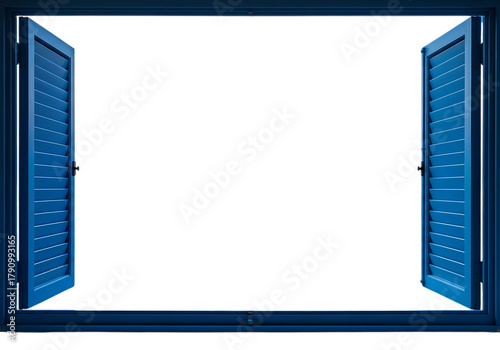 Open blue shutters on a dark window isolated on transparent background
