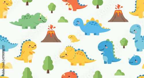 Flat vector seamless pattern of cute baby dinosaurs with trees, eggs, and volcano shapes. Solid bright colors, no gradients, kawaii prehistoric theme, perfect for kids design