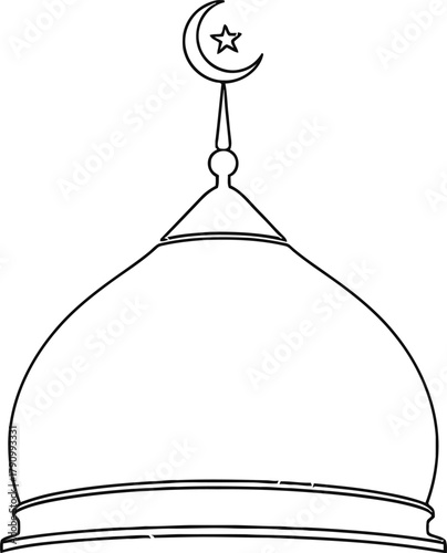 Simple line drawing of a mosque dome with crescent moon and star finial
