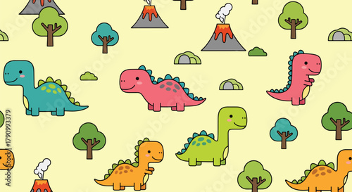Flat vector seamless pattern of cute baby dinosaurs with trees, eggs, and volcano shapes. Solid bright colors, no gradients, kawaii prehistoric theme, perfect for kids design