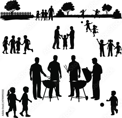 Silhouette scenes of families and children enjoying outdoor activities and barbecues family