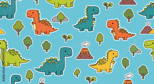 Flat vector seamless pattern of cute baby dinosaurs with trees, eggs, and volcano shapes. Solid bright colors, no gradients, kawaii prehistoric theme, perfect for kids design