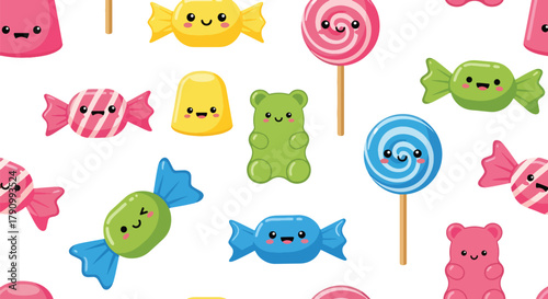 Flat vector seamless pattern of colorful candies, lollipops, and sweets with cute faces. Solid bright tones, no gradients, kawaii confectionery theme, perfect for packaging